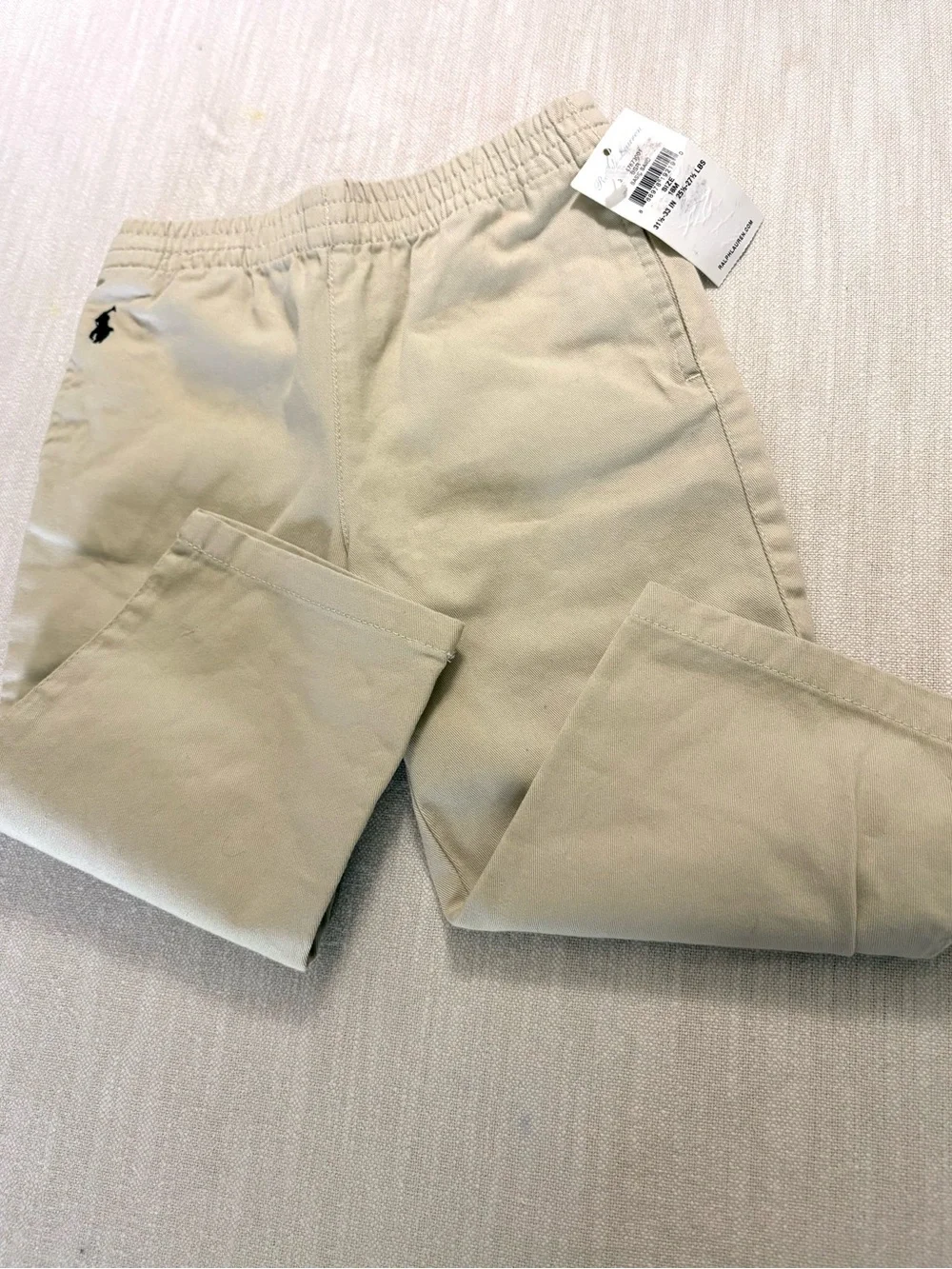 Ralph Lauren 18 Month Khaki Pull-On Cotton Blue Polo Logo Side Pockets Pant NWT